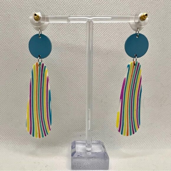 Boho Style Lightweight White Blue Soft Clay Statement Drop Earrings Stripes - Picture 7 of 12